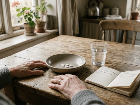 Die Hände einer älteren Person ruhen ruhig neben einer schlichten Keramikschale mit Tabletten und einem Glas Wasser auf einem Holztisch.