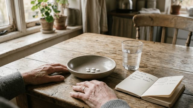 Die Hände einer älteren Person ruhen ruhig neben einer schlichten Keramikschale mit Tabletten und einem Glas Wasser auf einem Holztisch.